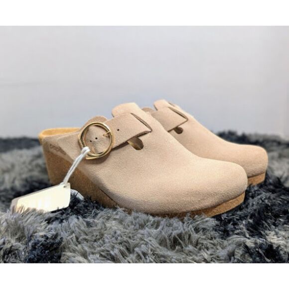 Birkenstock Papillio Warm Sand Suede Fanny Ring Buckle Wedge Clogs EU 41 NWT - Picture 1 of 16